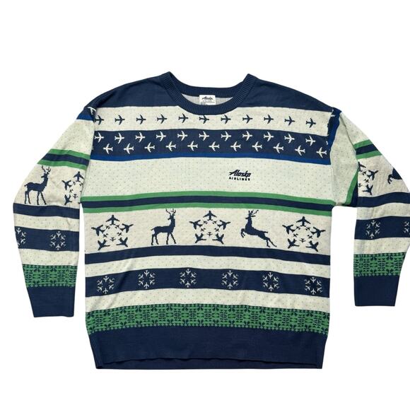 ALASKA AIRLINES Fair Isle Reindeer Holiday Sweater Size 4XL Planes Green Blue - Picture 1 of 7
